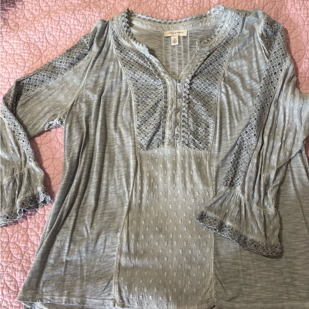 Vintage America Green Ribbed Bib Collar Blouse
